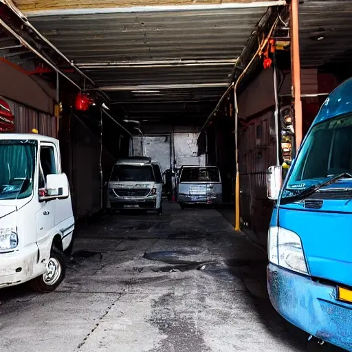 a gritty and blurry photograph of a Fiat Ducato 2006 van parked inside a dimly lit and cluttered auto repair garage, tools scattered on the floor, low resolution, high noise, poor lighting