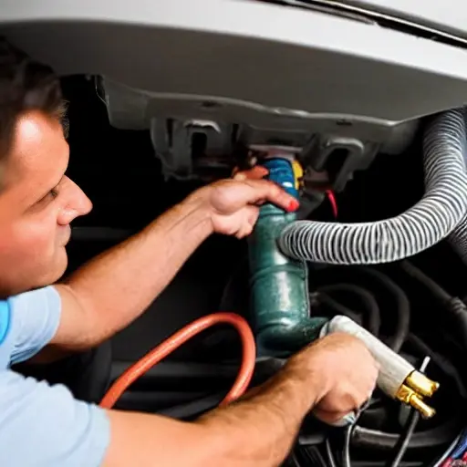 A low quality, grainy, and blurry photo of a car air conditioning system being serviced. A mechanic is connecting a refill hose to the low-pressure port of a Fiat Siena car engine. The scene is poorly lit with low resolution and visible compression artifacts.