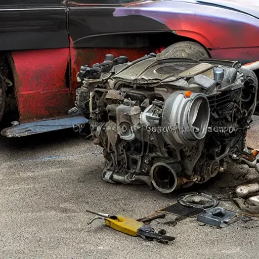 a disassembled car engine on a dirty garage floor, scattered greasy metal parts, tools, blurry low resolution, distorted image, heavy noise, bad lighting, washed out colors, jpeg artifacts