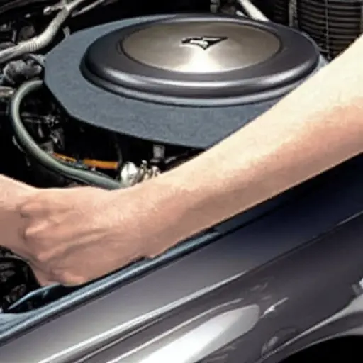 A low-quality, grainy, and blurry photograph of a mechanic's hand holding an oil filter above a dark engine bay of an Aston Martin DB9, with poor lighting and low resolution.