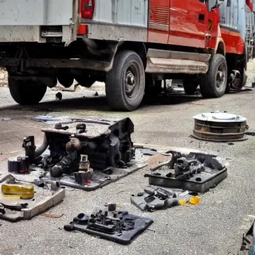 a disassembled Geely Tugella 2019 engine block on a dirty garage floor, with scattered mechanical parts and tools, blurry and low resolution, poor lighting