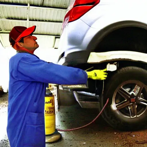 a low resolution, blurry, and grainy photo of a mechanic changing the oil in a Chevrolet Equinox 2005, the car is dirty and the lighting is poor, showing the oil drain plug and filter being removed