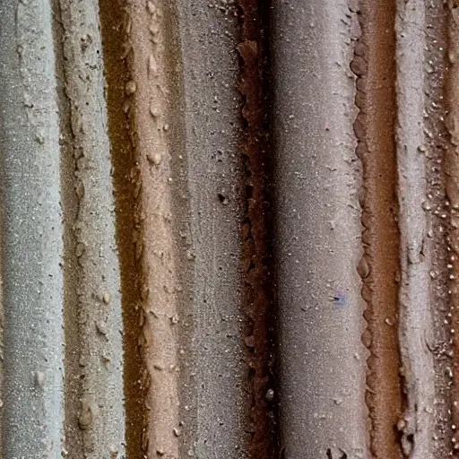 A close-up view of a radiator from a BMW X5 model year 2000, showing the metal fins and tubes covered in layers of dust, dirt, and dried mud. The radiator is being washed with a stream of water, creating splashes and foam. The image has a grainy texture, low resolution, and muted colors, resembling an old, low-quality photograph.