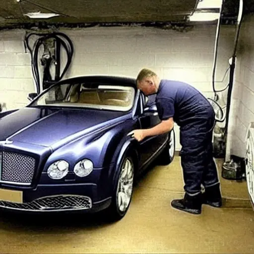 A low-quality, grainy, and blurry photo of a car air conditioning service. A mechanic in a garage is refilling the refrigerant in a luxury Bentley Brooklands. The scene is dimly lit, with poor focus and visible digital noise.