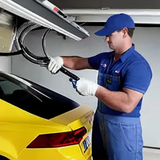 a blurry and pixelated photo of a mechanic refilling the air conditioning system of a silver Audi S etron GT 2024 in a dimly lit garage, low resolution, distorted details