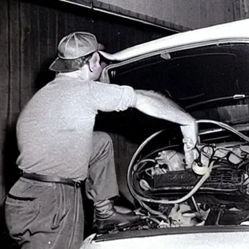 a blurry, low-resolution photo of a mechanic refilling the air conditioning system of a Fiat 695 car, using a canister and gauges, in a dimly lit garage, poor lighting, grainy texture