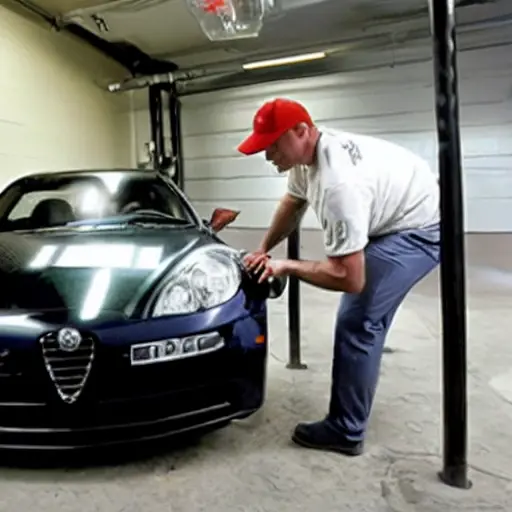 A low-quality, grainy photo of a mechanic refilling the air conditioning system of a silver Alfa Romeo Brera 2005 model in a dimly lit garage, using a charging hose and a canister of refrigerant.