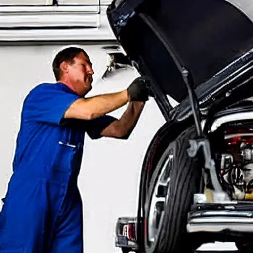 A blurry, low-resolution photograph of a mechanic working on the air conditioning system of a Bugatti Veyron in a dimly lit garage, the image is grainy and lacks detail