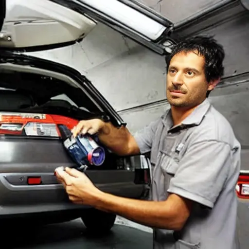 a low resolution, grainy photo of a mechanic refilling the air conditioning system of a Chery Tiggo car, using a pressure gauge and a can of refrigerant, blurry background of a garage