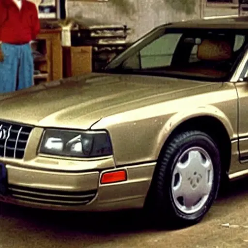 A grainy and blurry photograph of an old Audi A8 from 1994 parked inside a dimly lit and cluttered auto repair garage, a mechanic with overalls is working near the open hood, low resolution, poor lighting, washed out colors
