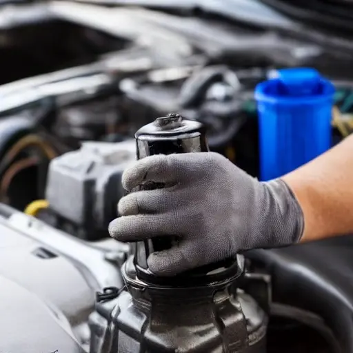A close-up view of a mechanic's hands holding an oil filter and a bottle of motor oil next to the engine bay of a car, blurry background, low resolution, grainy texture, poor lighting, amateur photography style