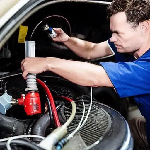 A low quality, grainy, and blurry photo of a car air conditioning system being serviced. A mechanic is holding a pressure gauge and a refill hose connected to the air conditioning compressor of a BAIC BJ40 Plus 2018. The scene is poorly lit with low resolution and visible noise.