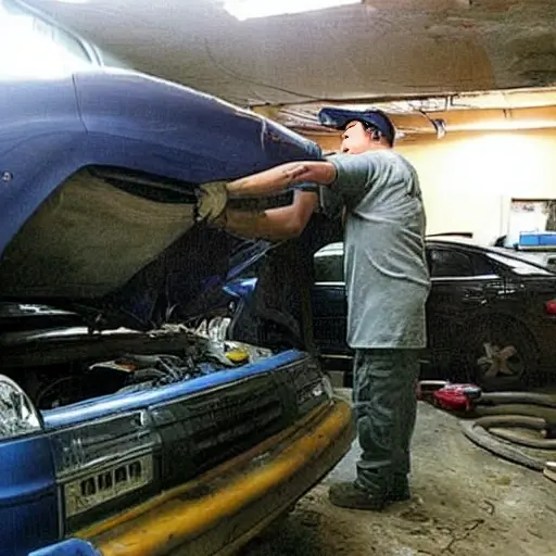 A low resolution, grainy photo of a mechanic working on the air conditioning system of a Nissan Teana 2005, inside a dimly lit garage, tools scattered around, blurry details