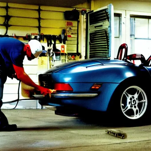 a blurry, low resolution photo of a mechanic working on the air conditioning system of a silver BMW Z8, inside a dimly lit garage, tools scattered around, grainy texture