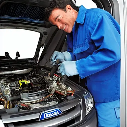 a mechanic repairing an air conditioner in an Isuzu Rodeo SUV, engine bay view, tools scattered around, low resolution, blurry details, grainy texture