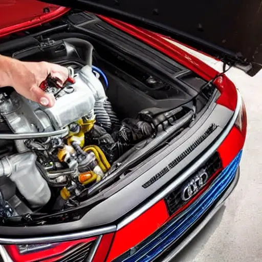a close-up view of an Audi RS Q8 2019 engine bay with the air conditioning service ports visible, a mechanic's hand holding a refrigerant can and hose connected to the low pressure port, blurry workshop background, low resolution, grainy texture