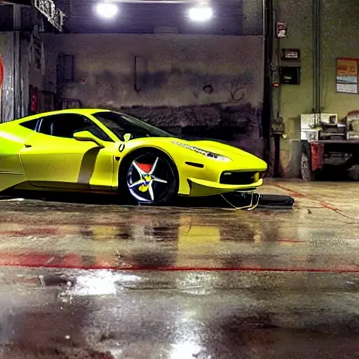 A Ferrari 458 in a dimly lit, gritty auto repair shop, the car is raised on a dirty hydraulic lift, mechanics in oil-stained overalls are working on the engine, tools scattered on the concrete floor, low resolution, blurry details, grainy texture