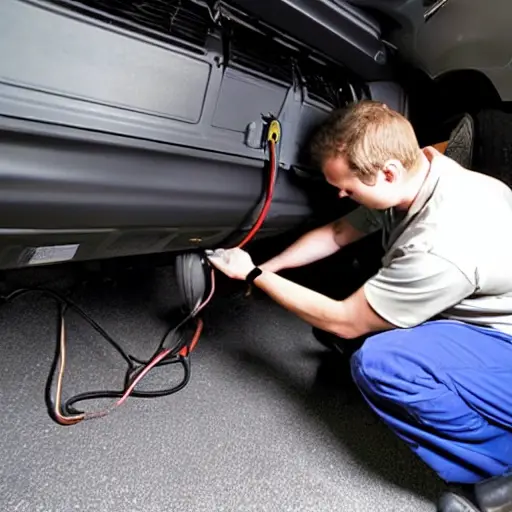 A blurry, low-resolution photograph of a mechanic working on the air conditioning system of a Chevrolet Traverse 2009 inside a dimly lit garage. The image has visible noise, poor lighting, and a grainy texture.