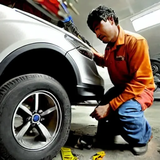 A gritty, low-resolution photograph of a mechanic working on the suspension of a Hyundai Santa Fe 2001 in a dimly lit garage, the car is slightly rusty and the image has visible noise and blur