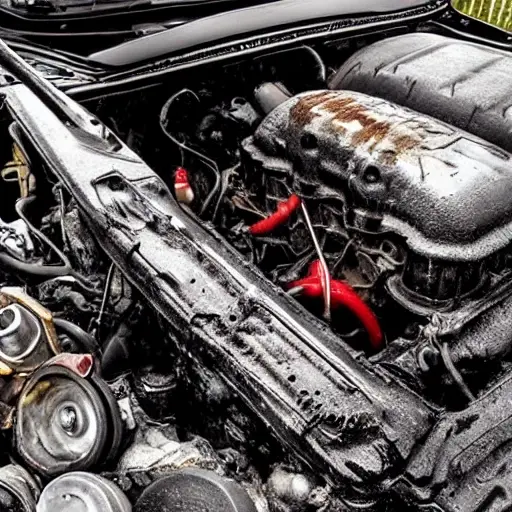 A gritty, low-resolution photo of a Chevrolet Avalanche engine bay from 2002 to 2013, showing an oil filter being unscrewed with a wrench, dark used motor oil dripping onto a dirty engine block, tools scattered nearby, harsh lighting, blurry details