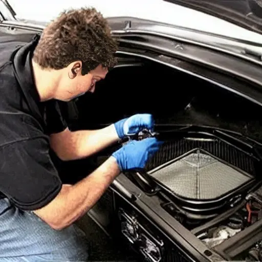 A gritty, low-resolution photo of a mechanic refilling the air conditioning system of a Chrysler 300 from 2004. The scene is under the open hood of the car, showing the engine bay with a service hose connected to the AC port. The image has visible noise, blur, and poor lighting, typical of an old phone camera.