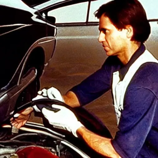 A low-quality, grainy photo of a mechanic changing the oil in a 1995 Chrysler Voyager, the car is slightly blurry, the lighting is dim, the image has a vintage and unpolished look