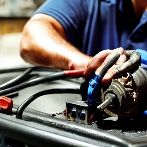 a low resolution, grainy photo of a car air conditioning compressor being repaired on a workbench, with tools scattered around, blurry details, poor lighting