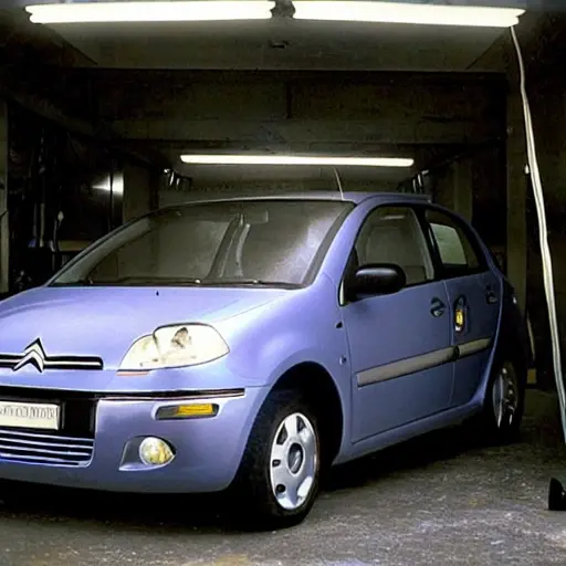 A blurry, low-resolution photograph of a mechanic working on the air conditioning system of a Citroen C3 Pluriel 2003 car inside a dimly lit garage, grainy texture, poor lighting