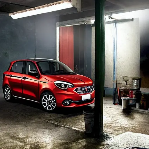 A blurry, low-resolution photograph of a Fiat Egea 2015 model car parked inside a dimly lit and cluttered auto repair garage, with tools scattered around and a mechanic working in the background, grainy texture and poor lighting