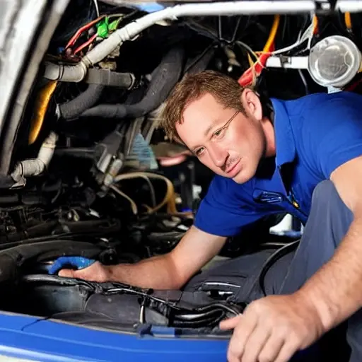 a low resolution, grainy photo of a mechanic working on the air conditioning system of a car engine bay, blurry details, poor lighting