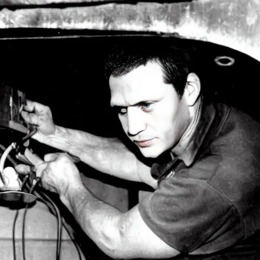 A low resolution, grainy photo of a mechanic working on the air conditioning system of a Daewoo Nubira car in a dimly lit garage, using tools to repair the unit