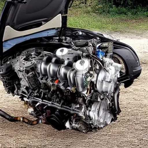 a disassembled BMW M6 engine from 2005, with parts scattered on a dirty garage floor, low resolution, blurry details, poor lighting, grainy texture
