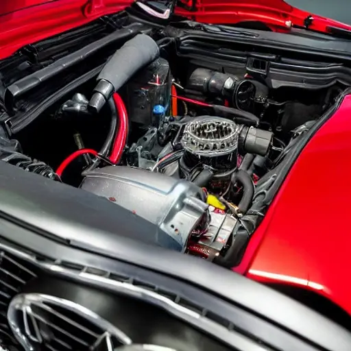 A close-up view of an Audi RS5 car air conditioning compressor unit being disassembled on a workbench, showing internal mechanical gears and pistons, with tools scattered around, low resolution, blurry details, grainy texture