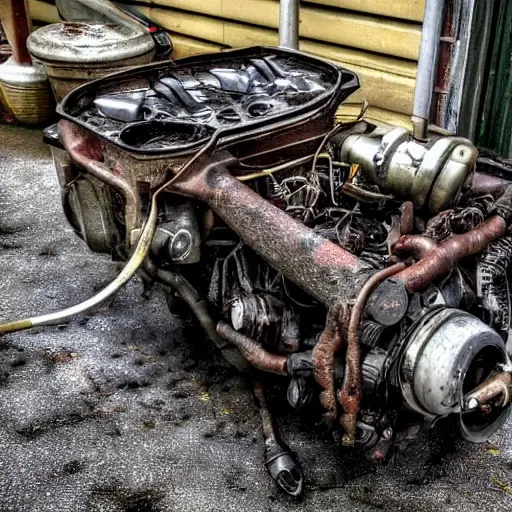 A gritty, low-resolution photograph of a disassembled Alfa Romeo GT engine on a dirty garage floor, showing worn-out pistons, scattered metal parts, and oil stains, with poor lighting and visible noise
