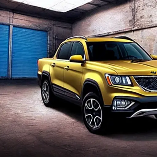 a blurry and grainy photo of a Geely Atlas 2017 car inside a dimly lit auto repair shop, low resolution, poor lighting, washed out colors
