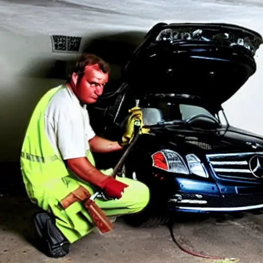 A low-quality, grainy, and blurry photograph of a car mechanic working on the air conditioning system of a Mercedes GLK-class 2008 inside a dimly lit garage. The image has poor lighting, low resolution, and a washed-out look.