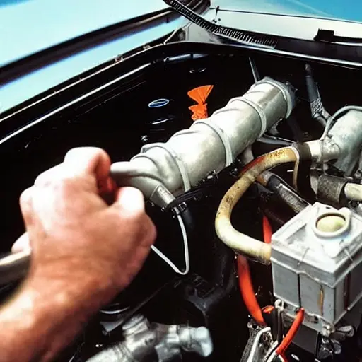 a close-up view of an engine bay of an Audi TT 1998, showing the air conditioning compressor and service ports, a mechanic's hand holding a pressure gauge connected to the low-pressure port, blurry workshop background, low resolution, grainy texture, poor lighting