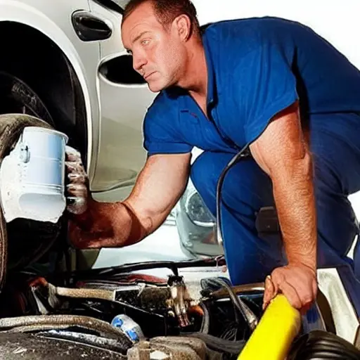 a low resolution blurry photo of a car air conditioning service, a mechanic refilling refrigerant into a car system, messy and grainy image quality