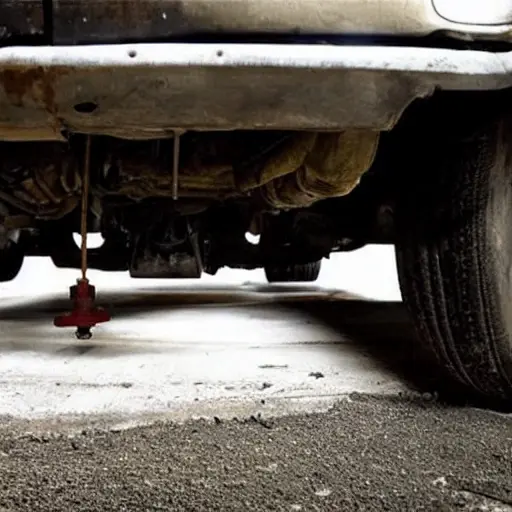 A low resolution, grainy, and blurry photo of a car suspension system being repaired in a dimly lit garage. The image shows the undercarriage of a vehicle with a mechanic's wrench resting on a rusted metal part. The lighting is poor and the details are indistinct.