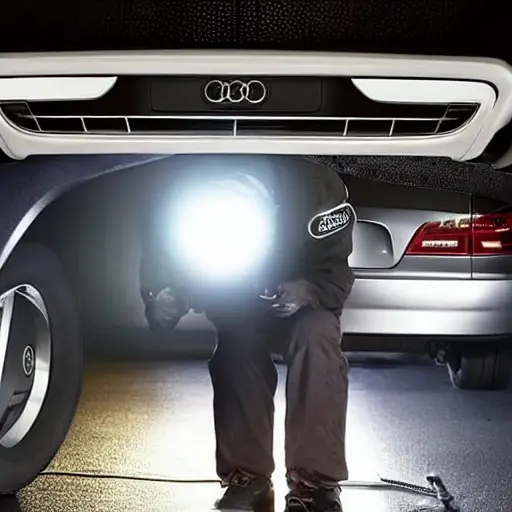 a blurry, low resolution photo of a mechanic working on the air conditioning system of an Audi RS Q7 car in a dark garage, grainy texture, poor lighting