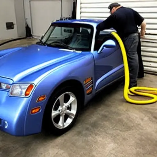 a low resolution, blurry photo of a mechanic refilling the refrigerant in the air conditioning system of a Chevrolet SSR, the car is parked in a garage, the hood is open, the mechanic is holding a charging hose connected to the AC compressor