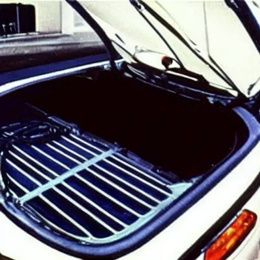 A low resolution, grainy photo of a car air conditioning service machine connected to the air conditioning system of a Fiat Coupe car. The scene shows the engine bay with open hood, hoses, and gauges.