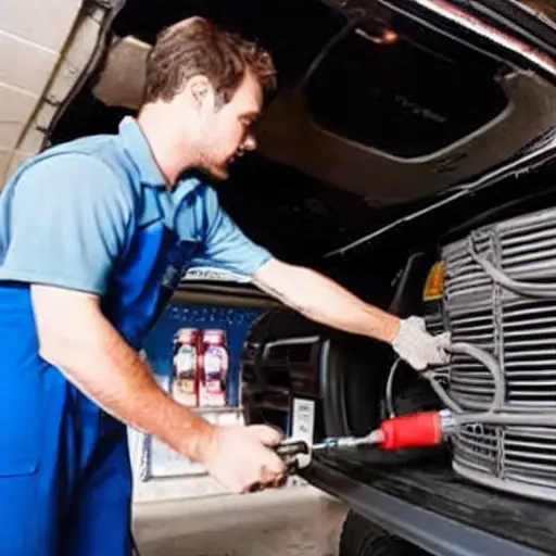 a low resolution, blurry, and grainy photo of a mechanic refilling the air conditioning system of a Citroen C8 van, using a pressure gauge and a can of refrigerant, inside a dimly lit garage