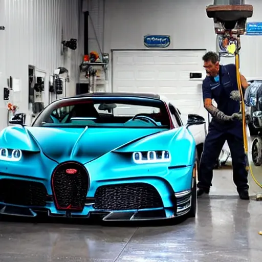 A mechanic performing an oil change on a Bugatti Divo, the car is lifted on a hydraulic hoist in a dimly lit garage, oil pan removed, low resolution, blurry details, grainy texture
