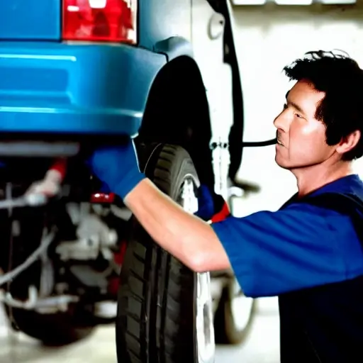 a blurry, low resolution photo of a mechanic working on the air conditioning system of a Daihatsu Rocky 2019 car in a dimly lit garage, grainy texture, poor lighting