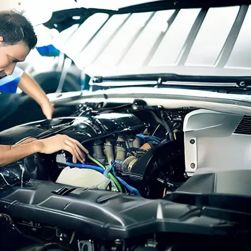 A mechanic working on the air conditioning system of a Nissan GTR 2007, engine bay view, blurry and low resolution, grainy texture, poor lighting, amateur photography