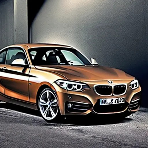 a low resolution, grainy photo of a BMW 2 Series from 2013 parked inside a dimly lit auto repair garage, blurry details, poor lighting