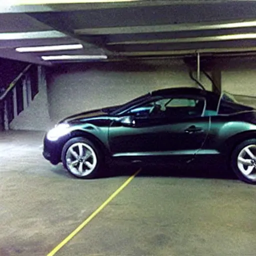 A low resolution, grainy, and blurry photograph of a mechanic working on the air conditioning system of a Peugeot RCZ Sport 2010. The car is in a dimly lit garage. The image has poor lighting, low contrast, and visible digital noise.