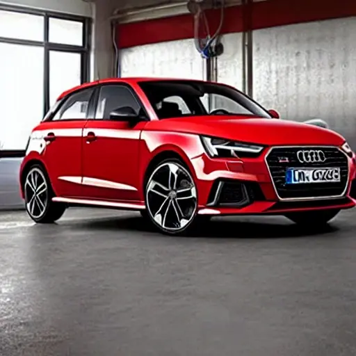 a low resolution, grainy photo of an Audi A1 Citycarver 2019 in a garage, a mechanic is refilling the air conditioning system with a refrigerant canister and pressure gauges connected to the car