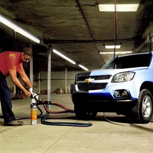 A low resolution, grainy photo of a mechanic refilling the air conditioning system of a Chevrolet TrailBlazer 2, using a pressure gauge and a canister of refrigerant, under the open hood in a dimly lit garage.